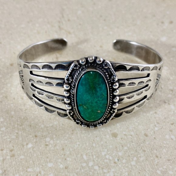 Fred Harvey Era Navajo Sterling Green Cuff Vintage - Picture 2 of 10